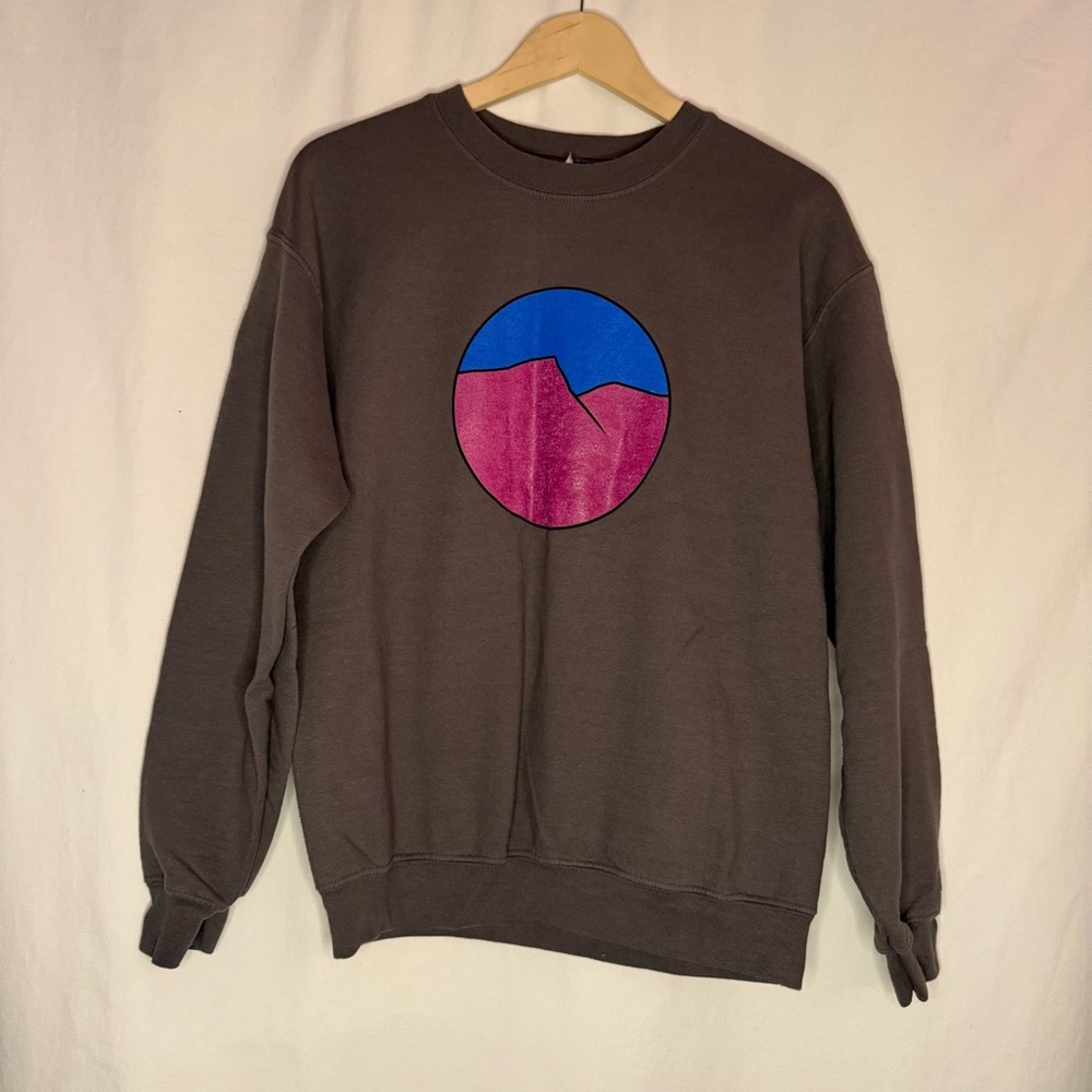 Gildan Brown Crewneck Sweater with Pink and Blue‎ Mountain Design